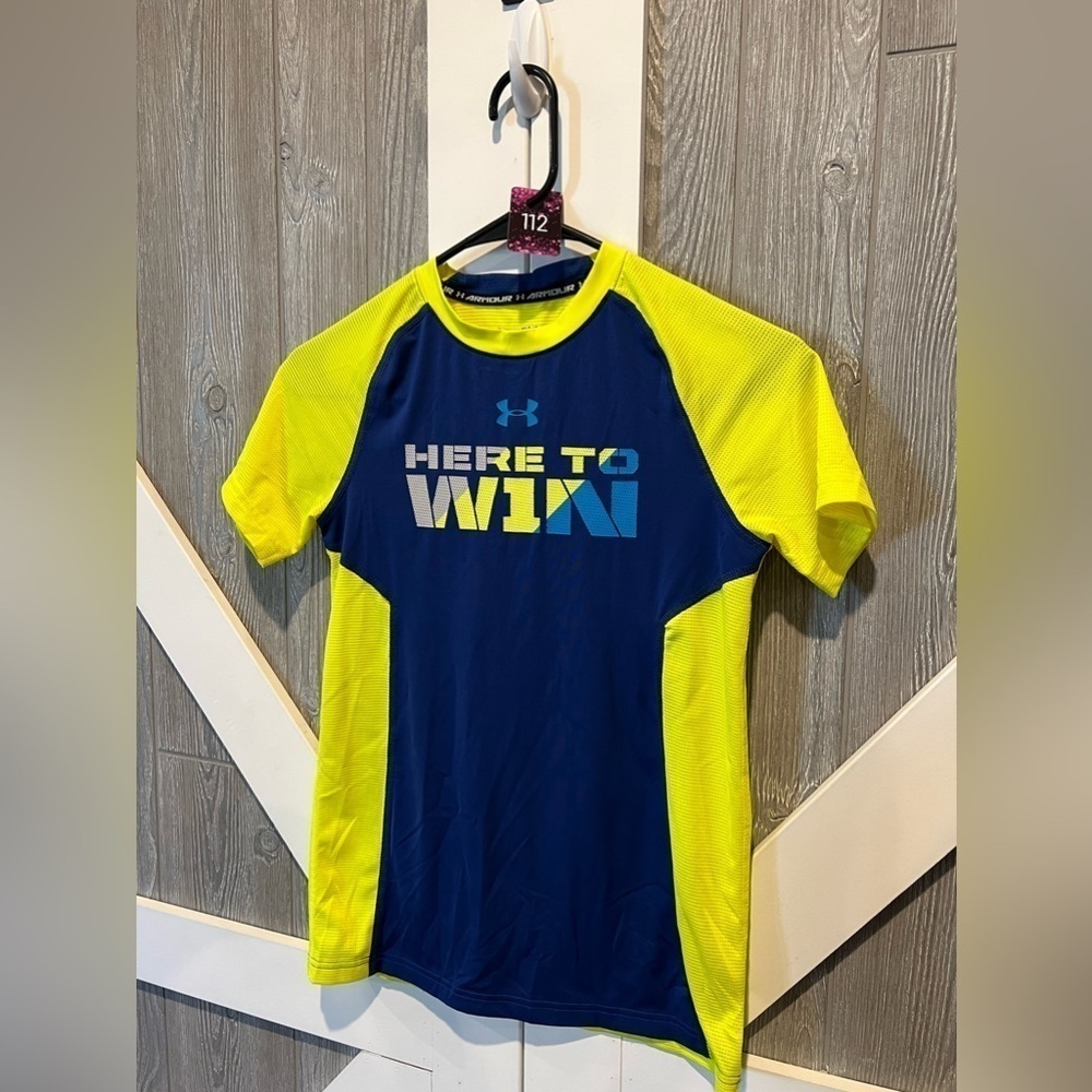 112. Under Armour Youth Large “Here To Win” Fitted Athletic Jersey Tee